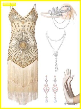 1920s Flapper Sequin Fringe Cocktail Dress Set